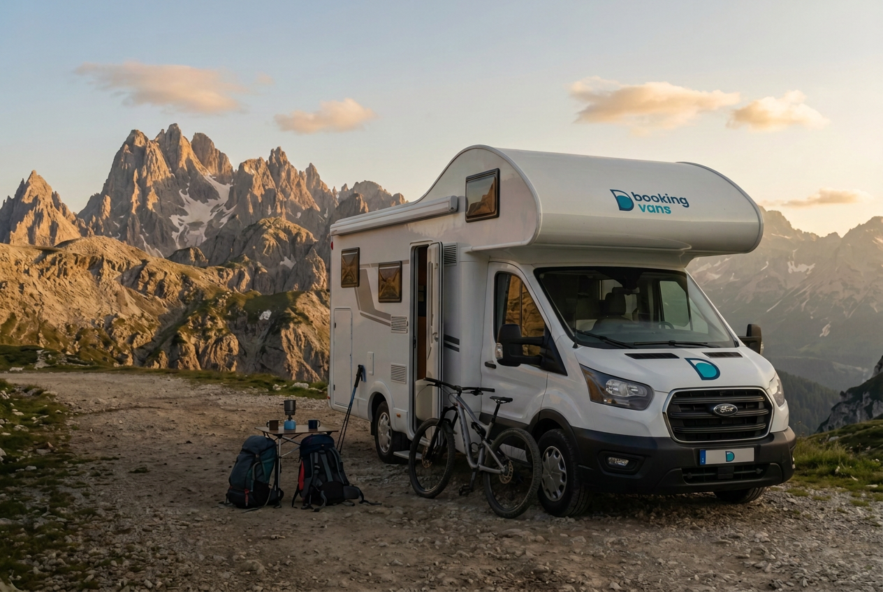 Autocaravana Bookingvans en la montaña al atardecer